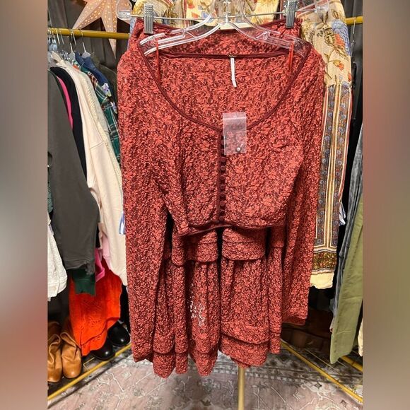 Free People Arcana Lace Top & Skirt Set in Marsala Combo - Picture 8 of 10